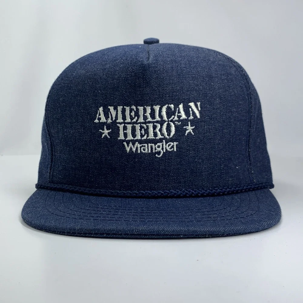 Vintage Wrangler American Hero Trucker Hat Denim Rope Snapback Cap Made in USA